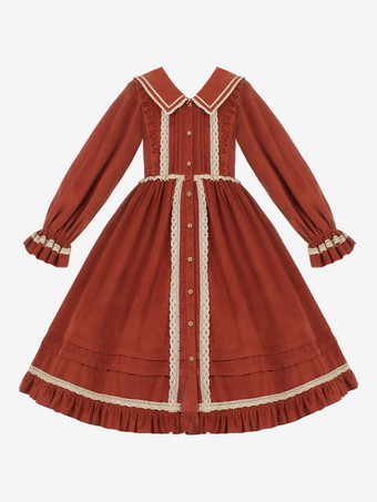 ロリータドレス ティーパーティースタイル ロリータスカート フリル 長袖 コットンリネン 牧歌的スタイル レッド
