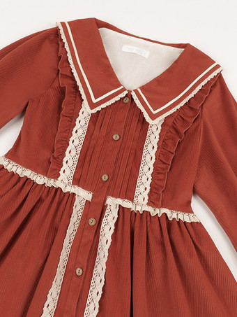 ロリータドレス ティーパーティースタイル ロリータスカート フリル 長袖 コットンリネン 牧歌的スタイル レッド