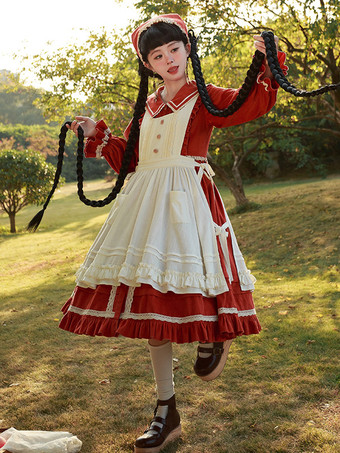 ロリータドレス ティーパーティースタイル ロリータスカート フリル 長袖 コットンリネン 牧歌的スタイル レッド