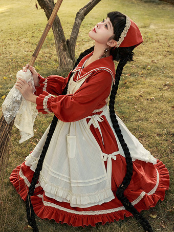 ロリータドレス ティーパーティースタイル ロリータスカート フリル 長袖 コットンリネン 牧歌的スタイル レッド