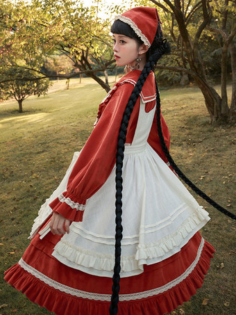 ロリータドレス ティーパーティースタイル ロリータスカート フリル 長袖 コットンリネン 牧歌的スタイル レッド