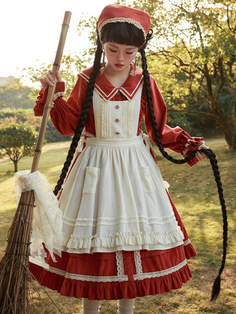 ロリータドレス ティーパーティースタイル ロリータスカート フリル 長袖 コットンリネン 牧歌的スタイル レッド