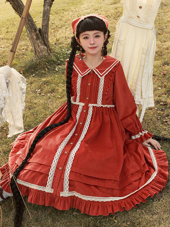 ロリータドレス ティーパーティースタイル ロリータスカート フリル 長袖 コットンリネン 牧歌的スタイル レッド