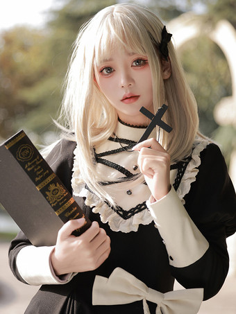   Gothic Lolita Kleider Schleifen Rüschen Schwarz Schwarz