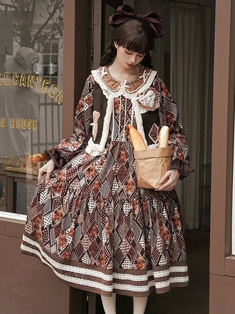 ロココスタイルロリータ衣装コーヒーブラウン花柄リボンフリル長袖トップドレス