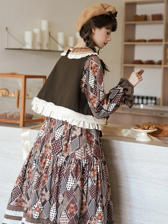 ロココスタイルロリータ衣装コーヒーブラウン花柄リボンフリル長袖トップドレス