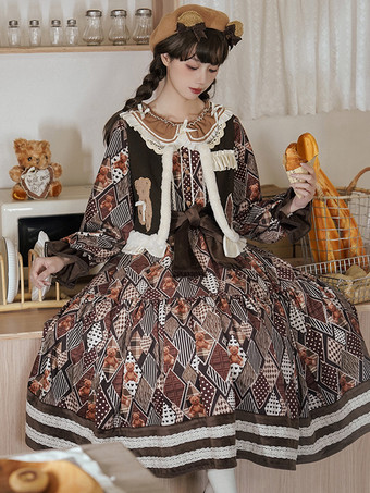 ロココスタイルロリータ衣装コーヒーブラウン花柄リボンフリル長袖トップドレス