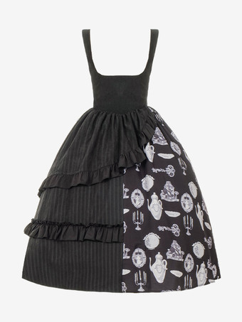 ゴスロリ衣装黒花柄フリルティアード長袖スカートブラウス