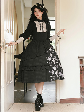 ゴスロリ衣装黒花柄フリルティアード長袖スカートブラウス