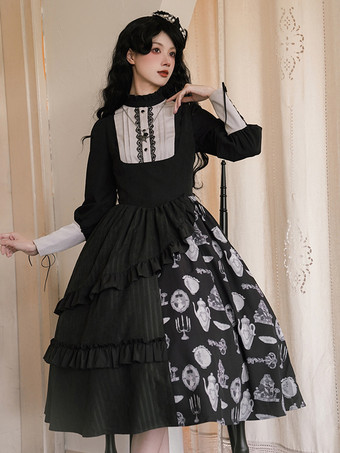 ゴスロリ衣装黒花柄フリルティアード長袖スカートブラウス