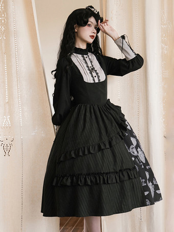 ゴスロリ衣装黒花柄フリルティアード長袖スカートブラウス