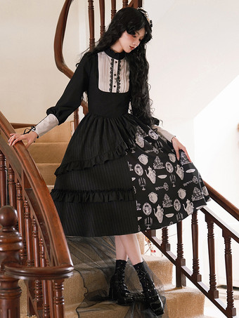 ゴスロリ衣装黒花柄フリルティアード長袖スカートブラウス