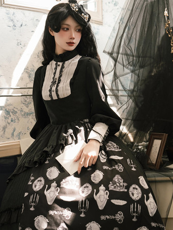 ゴスロリ衣装黒花柄フリルティアード長袖スカートブラウス