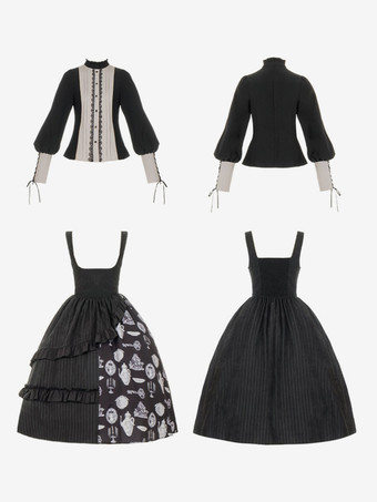 ゴスロリ衣装黒花柄フリルティアード長袖スカートブラウス