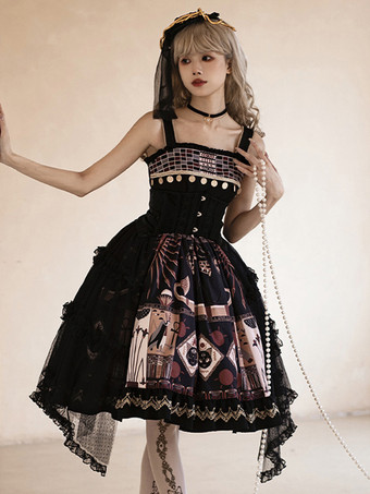 ゴシックロリータ ドレス フリル レース 花柄 ブラック ブラック