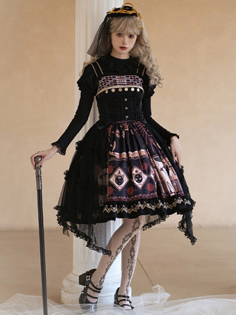 ゴシックロリータ ドレス フリル レース 花柄 ブラック ブラック