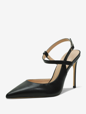 PUブラックレディース ブラックヒール ポインテッドトゥ スリングバック ハイヒール パンプス