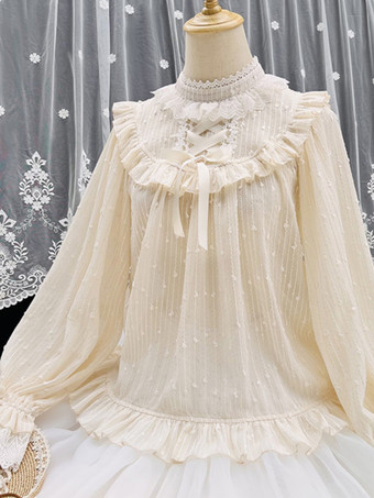 Сладкие блузки в стиле Лолиты Абрикосовый топ с длинными рукавами и кружевными оборками Рубашка в стиле Лолита