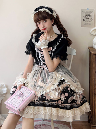 Lolita-Kleider Tea-Party-Stil Lolita-Rock Rüschen ärmellos Jacquard ROKOKO-Stil Blumendruck Aprikose