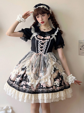 SchwarzLolita-Kleider Tea-Party-Stil Lolita-Rock Rüschen ärmellos Jacquard ROKOKO-Stil Blumendruck Aprikose