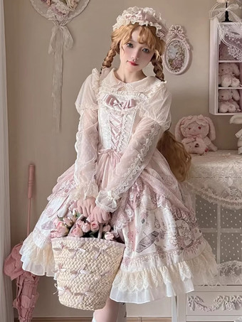 Lolita-Kleider Tea-Party-Stil Lolita-Rock Rüschen ärmellos Jacquard ROKOKO-Stil Blumendruck Aprikose