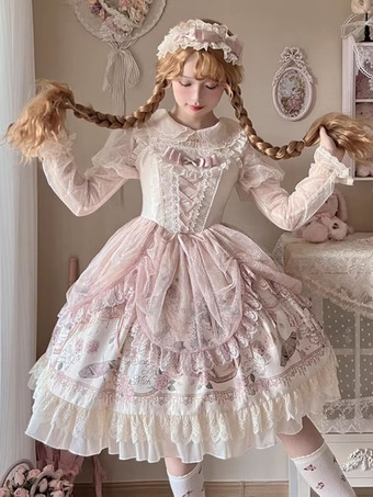 Lolita-Kleider Tea-Party-Stil Lolita-Rock Rüschen ärmellos Jacquard ROKOKO-Stil Blumendruck Aprikose