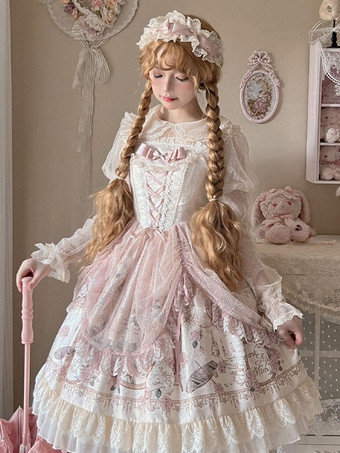 Aprikose  Lolita-Kleider Tea-Party-Stil Lolita-Rock Rüschen ärmellos Jacquard ROKOKO-Stil Blumendruck Aprikose