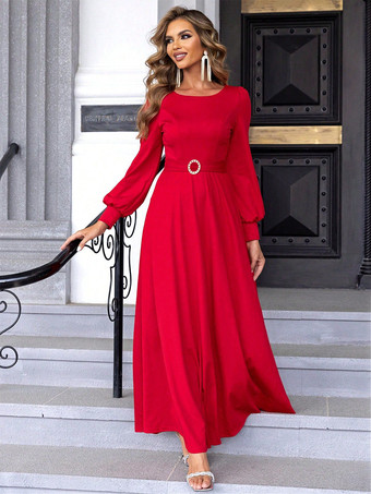 エレガントなロングドレス ラウンドネック リングディテール パーティー プロム マキシドレス