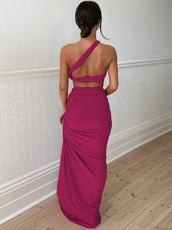 アシンメトリートップスとハイスリットリングディテールスカートのセクシー2点セット