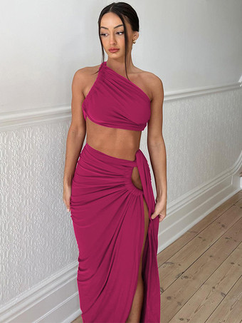 アシンメトリートップスとハイスリットリングディテールスカートのセクシー2点セット