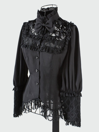 ブラック ゴスロリ ブラウス ロリータ トップ ブラック 長袖 レース リボン リボン ロリータ シャツ