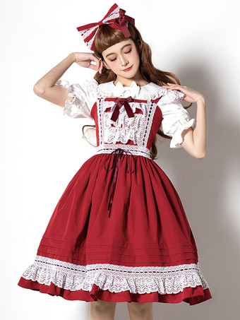 Burgundy Sweet Lolita Dress Polyester Sleeveless Sweet Jumper Lolita Dress