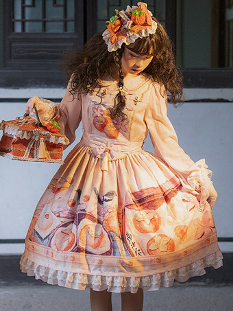 アプリコット中国風ロリータドレス弓長袖シフォン中国風花柄紫中国風ロリータ