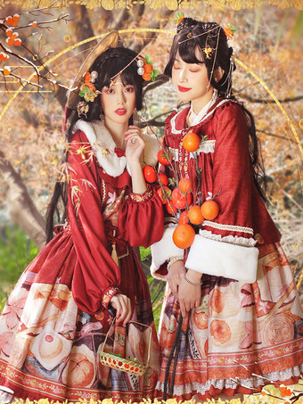 オレンジ 中国風ロリータドレス弓長袖シフォン中国風花柄紫中国風ロリータ