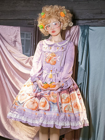 パープル 中国風ロリータドレス弓長袖シフォン中国風花柄紫中国風ロリータ