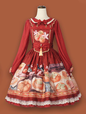 レッド 中国風ロリータドレス弓長袖シフォン中国風花柄紫中国風ロリータ