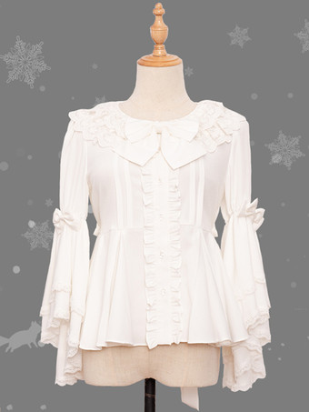 ホワイト スイートロリータ ブラウス リボン レース 長袖 ロリータ トップ ブラウス リボン ホワイト ロリータ シャツ
