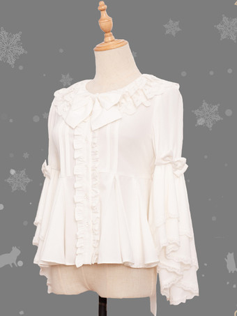 スイートロリータ ブラウス リボン レース 長袖 ロリータ トップ ブラウス リボン ホワイト ロリータ シャツ