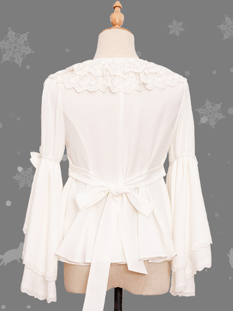 スイートロリータ ブラウス リボン レース 長袖 ロリータ トップ ブラウス リボン ホワイト ロリータ シャツ