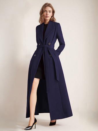 ダークネイビーマキシウールコート レディース ダブルブレスト ラージラペル ベルト付き Aライン フルレングス 冬アウター 2025