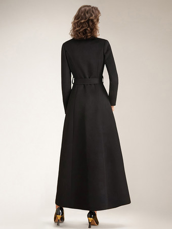 マキシウールコート レディース ダブルブレスト ラージラペル ベルト付き Aライン フルレングス 冬アウター 2025