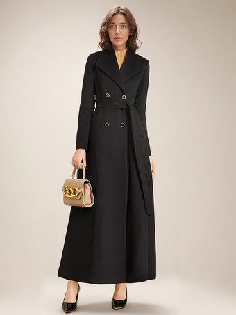 マキシウールコート レディース ダブルブレスト ラージラペル ベルト付き Aライン フルレングス 冬アウター 2025