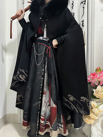 SchwarzLolita-Umhang im chinesischen Stil chinesisches schwarzes Polyester Perlen Fransen metallische Winter-Lolita-Outwears