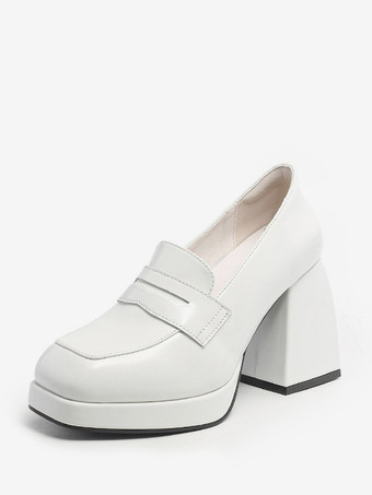 ホワイト レディース ヒールサンダル ラウンドトゥサンダル チャンキーヒール PUレザー