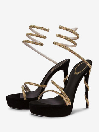 Золотая обувь для вечеринок Босоножки на высоком каблуке с ремешками и платформой со стразами