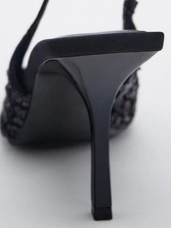 Schwarze High Heels mit Pailletten spitzer Zehenpartie Stiletto-Absatz und Slingback-Schuhen für Hochzeit und Abschlussball