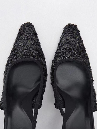 Schwarze High Heels mit Pailletten spitzer Zehenpartie Stiletto-Absatz und Slingback-Schuhen für Hochzeit und Abschlussball