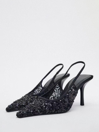 Sapatos de salto alto preto com lantejoulas e bico fino salto agulha estilingue sapatos de baile de casamento