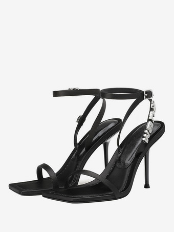 Sandalias de tacón negro Zapatos de fiesta con correa en el tobillo con diamantes de imitación y tacón de aguja con punta cuadrada para mujer