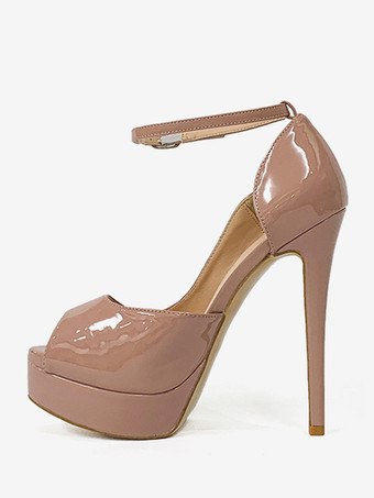 肌色レディース ハイヒール プラットフォーム ピープトゥ アンクル ストラップ パンプス